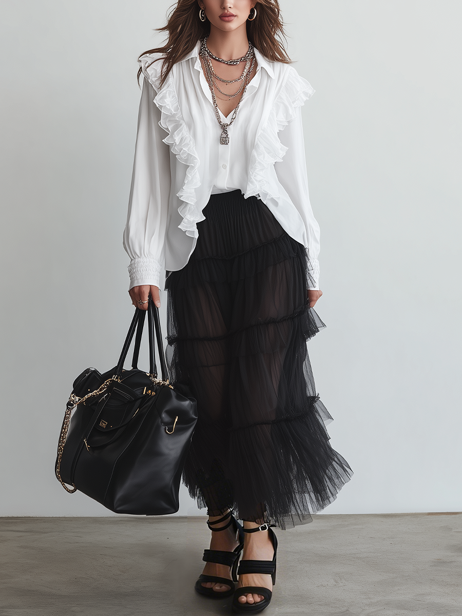 Romantic Ruffled-Trim Button-Down Blouse