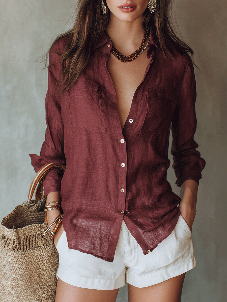 Vintage Wine Red Sheer Linen Button-Down Blouse And Shorts