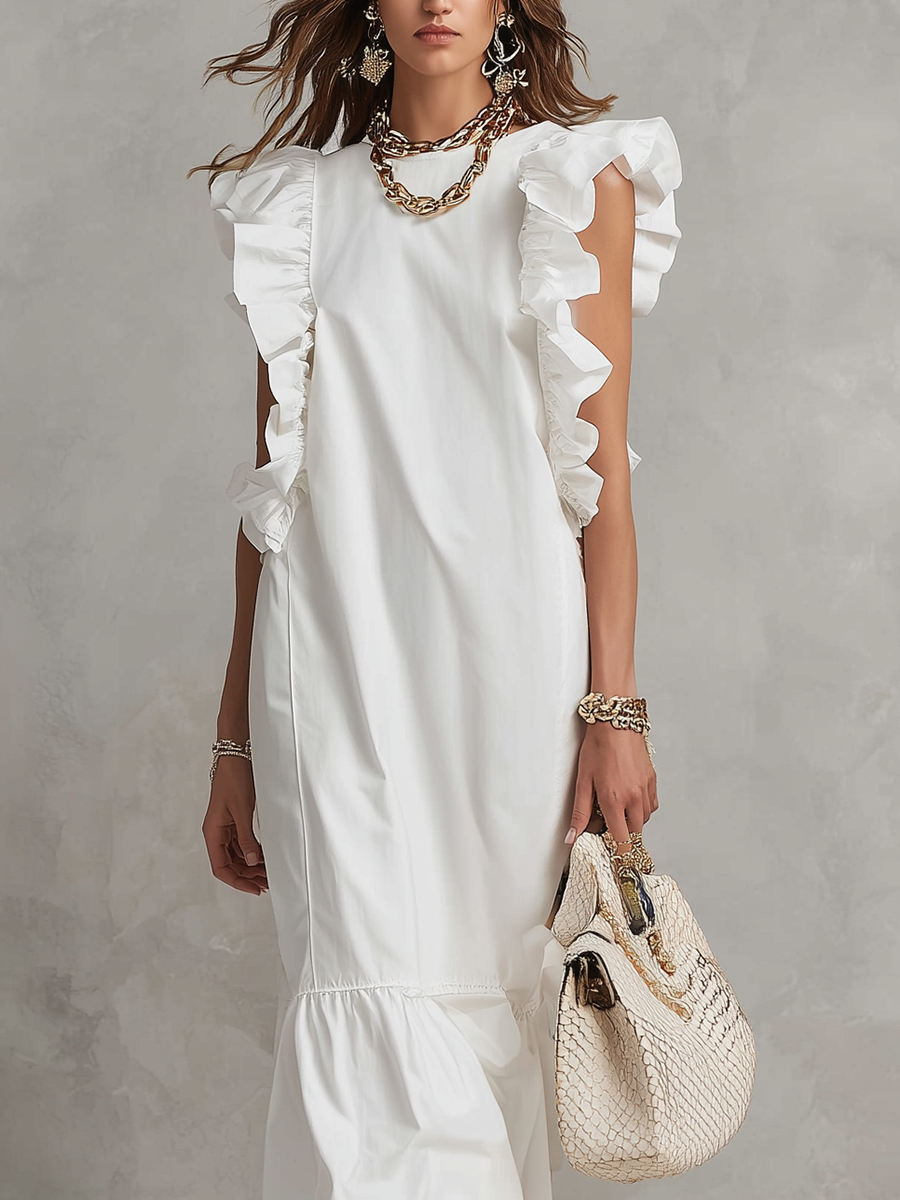 Resort Style White Elegant Ruffled Sleeve Long Dress