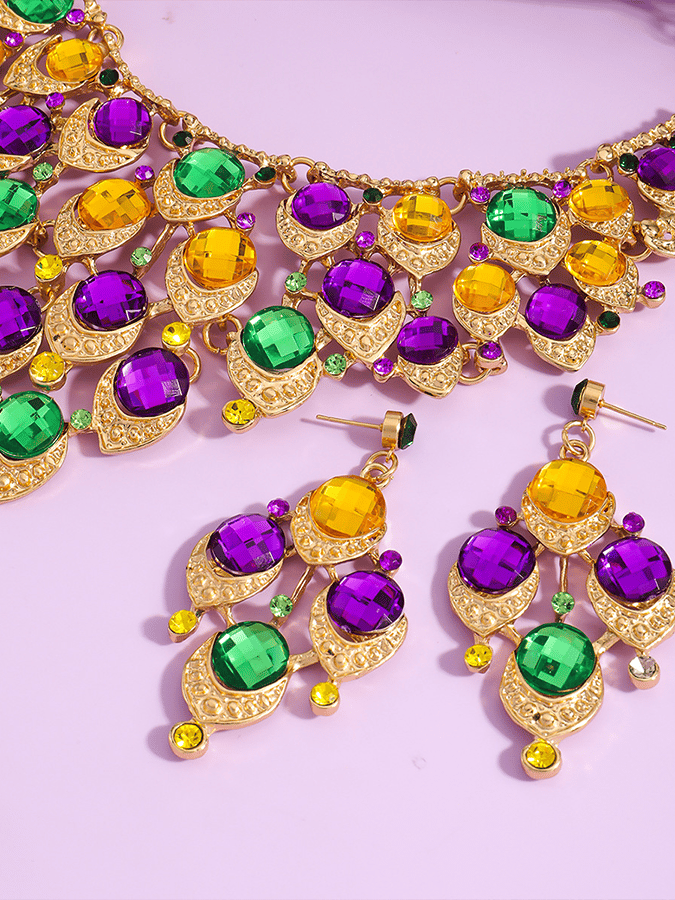 Mardi Gras Carnival Necklace And Earrings Set With Three-Color Rhinestones, Party Jewelry Set.