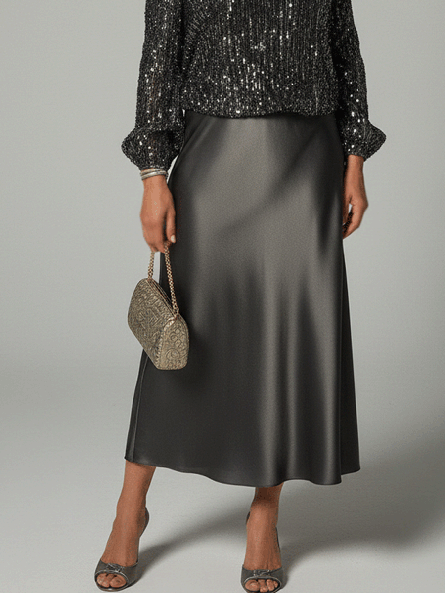 Elegant Sequin Off-Shoulder Top & Satin Midi Dress Set