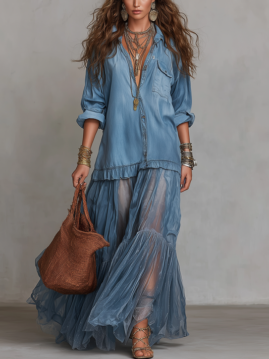 Bohemian Blue Denim Patchwork Organza Dress