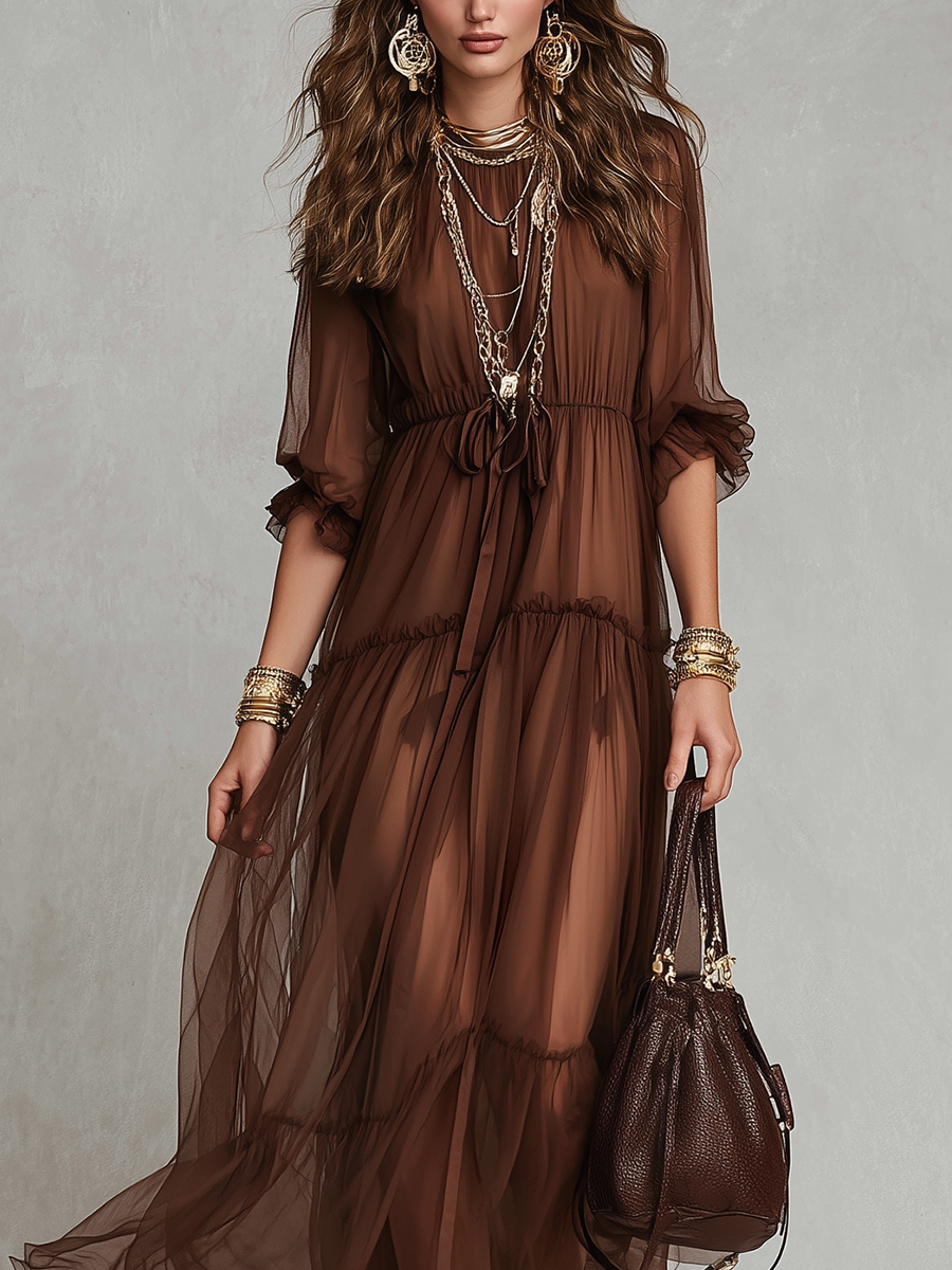 Bohemian Style Brown Tulle Maxi Dress
