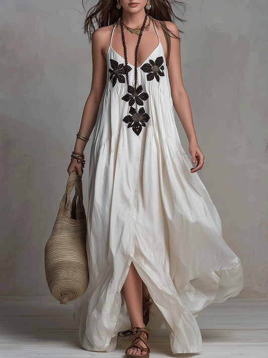Elegant Bohemian Floral Appliqué Halter Maxi Dress