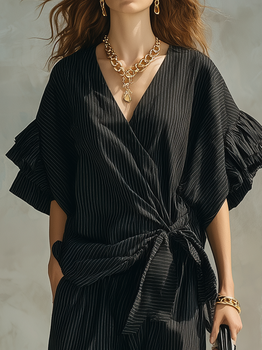 Modern Black Pinstriped Wrap-Front Set