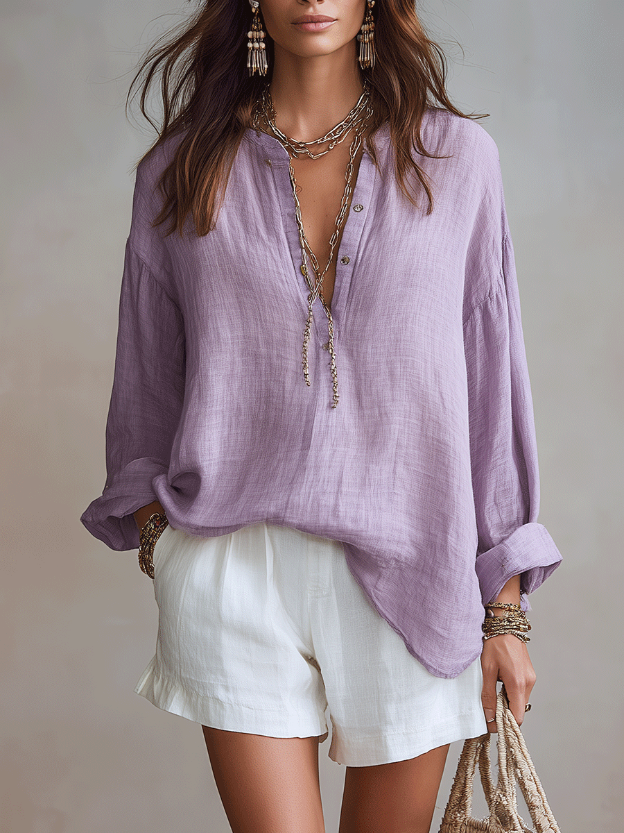 Effortless Lavender Linen Relaxed Boho Blouse And Short Set