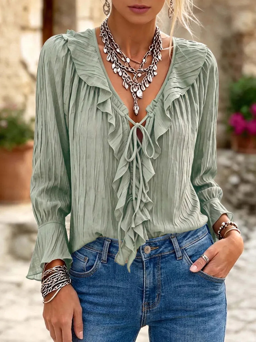 Casual Ruffle-collar Tie-neck Shirt In Textured Pleated Fabric