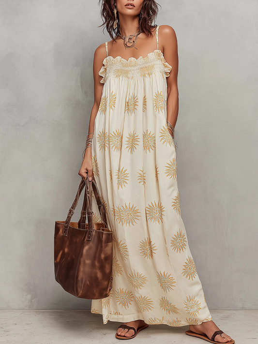 Sunny Sun-Print Smocked Spaghetti Strap Maxi Dress