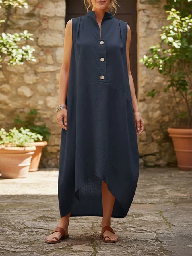 Women'S Stand-Collar Sleeveless Casual Loose Cotton And Linen Dress