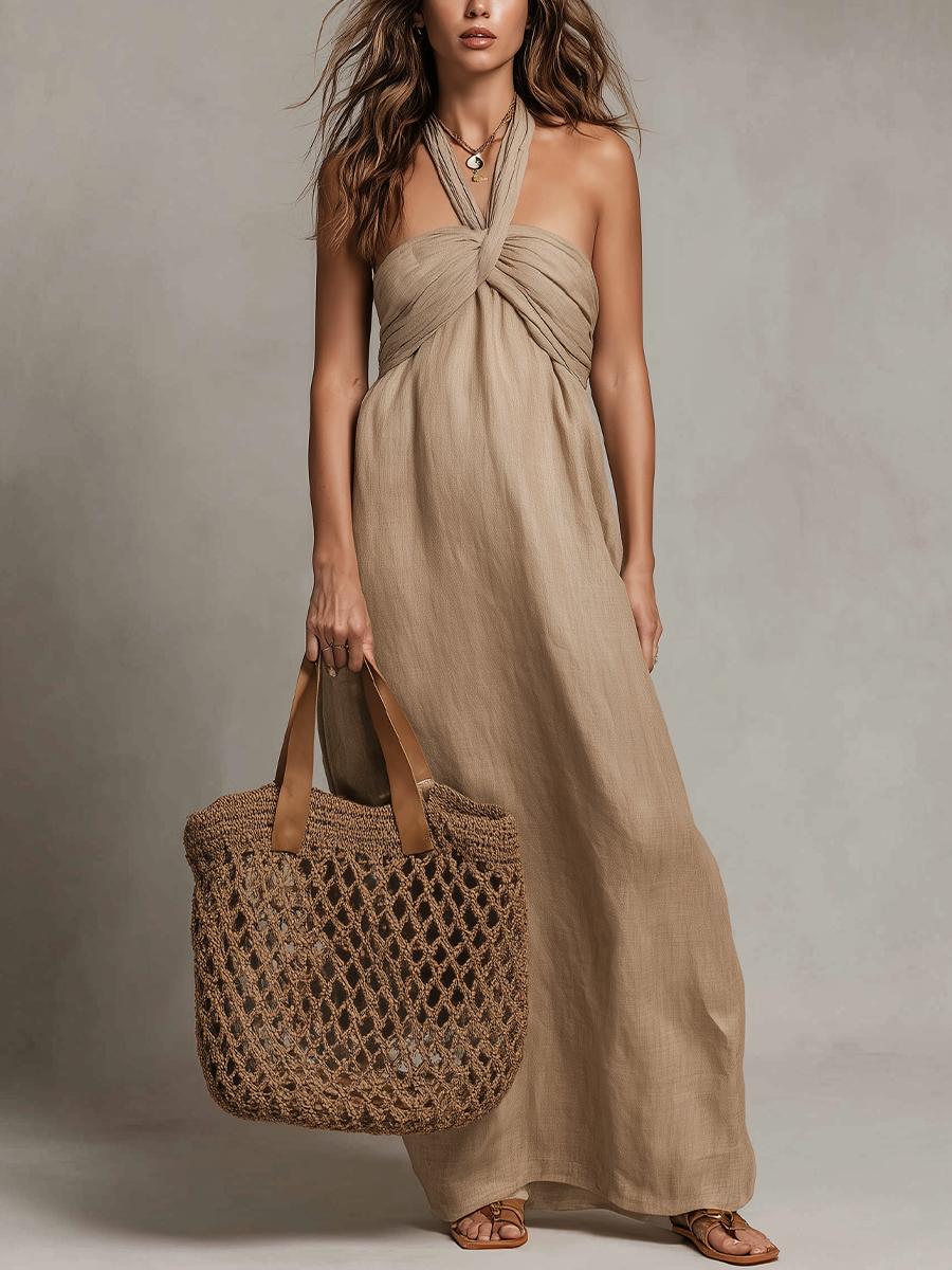 Soft Twist-Front Halter Maxi Dress