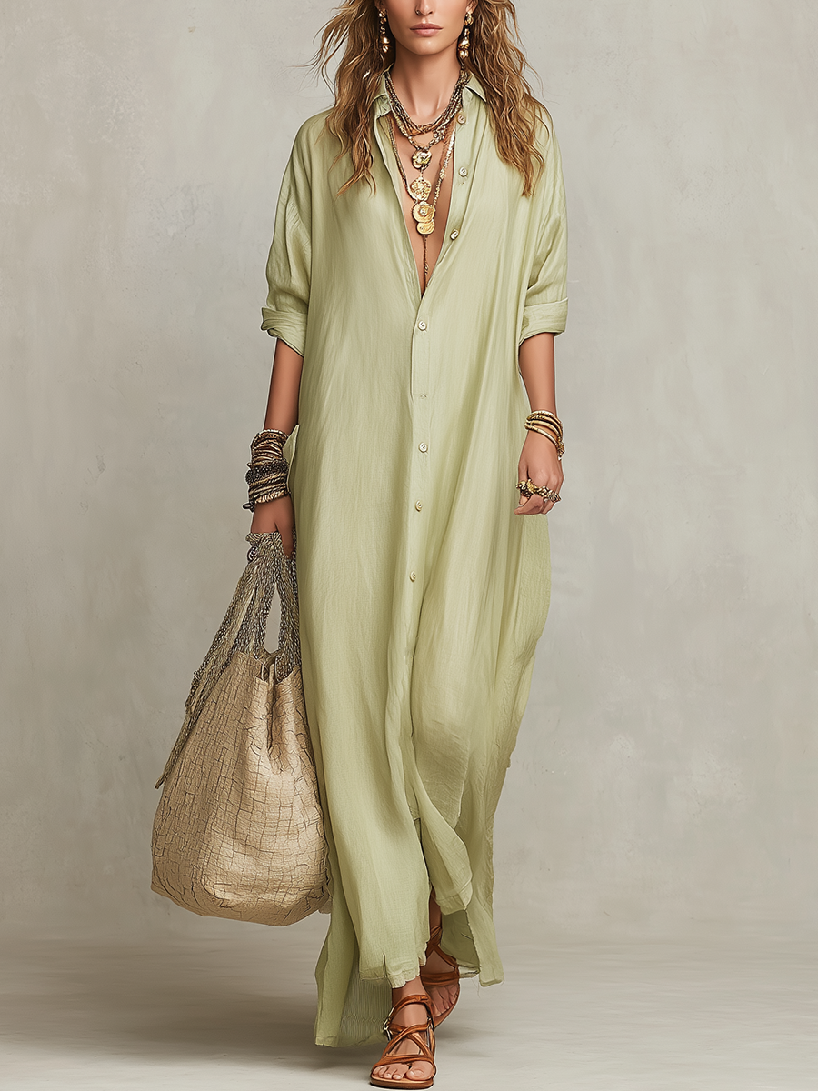 Casual Bohemian Button Down Long Shirt Dress