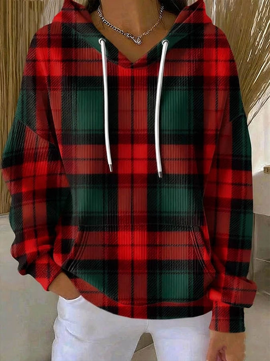 Women'S Casual Round Neck Contrast Color Stitching Plaid Sweatshirt