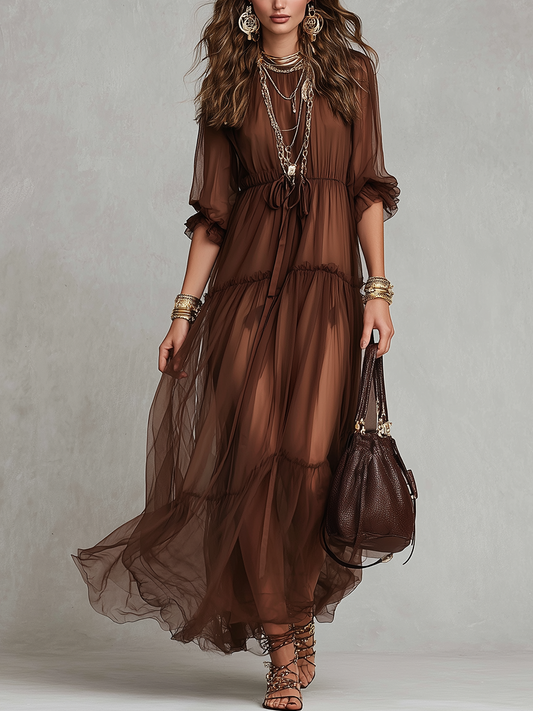 Bohemian Style Brown Tulle Maxi Dress
