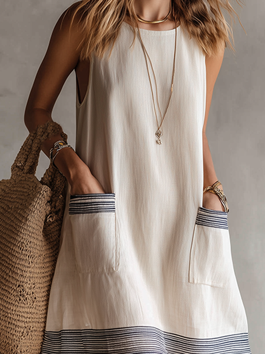 Fresh Cotton And Linen Striped Dress