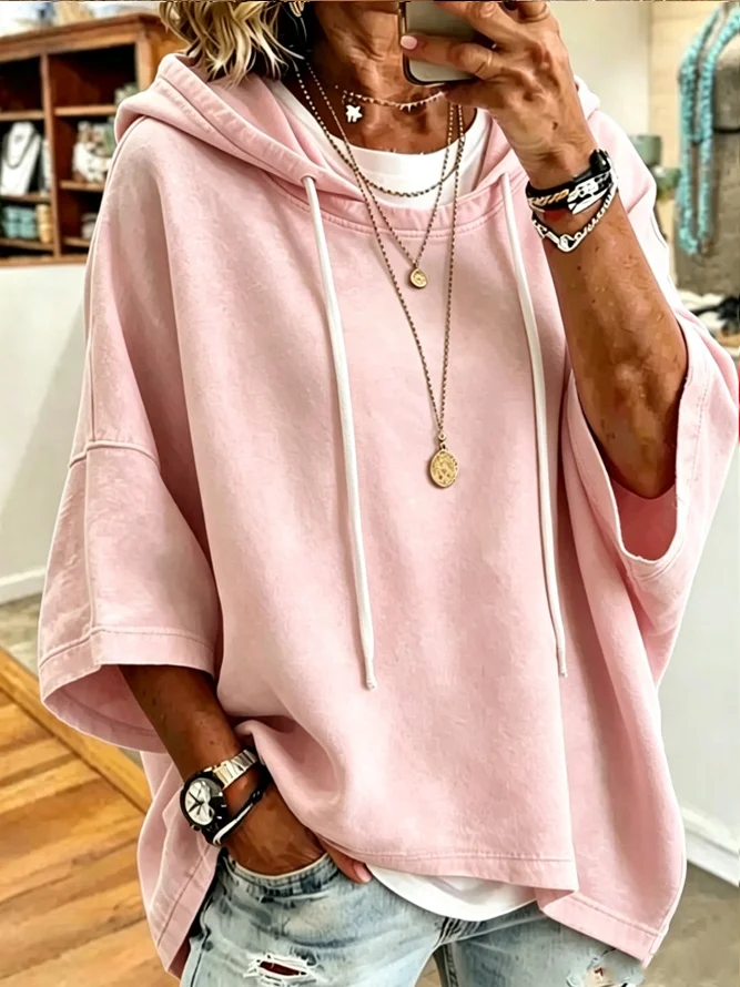 Women's Solid Oversized Hoodie Short Sleeve Sweatshirt