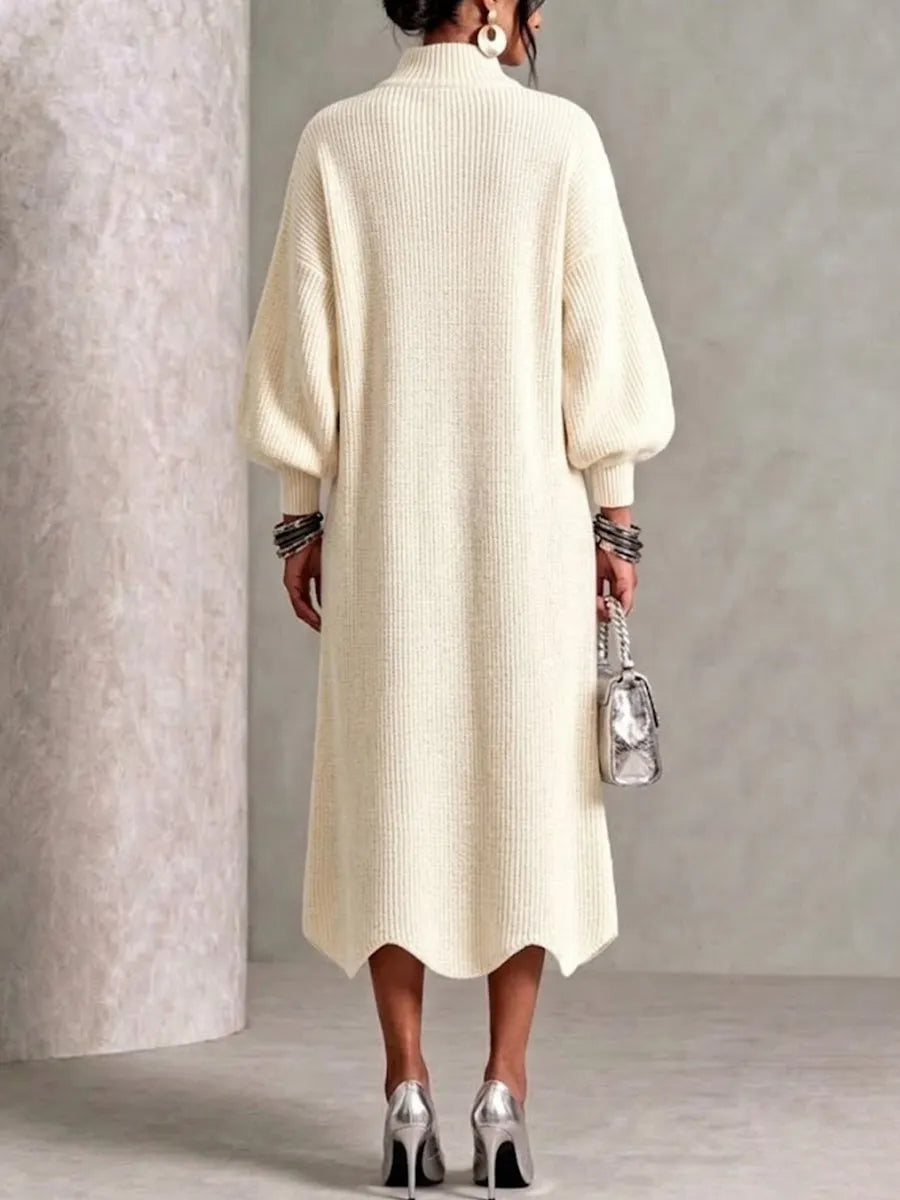 Mock Neck Diagonal Metal Button Lantern Sleeve Knit Midi Dress
