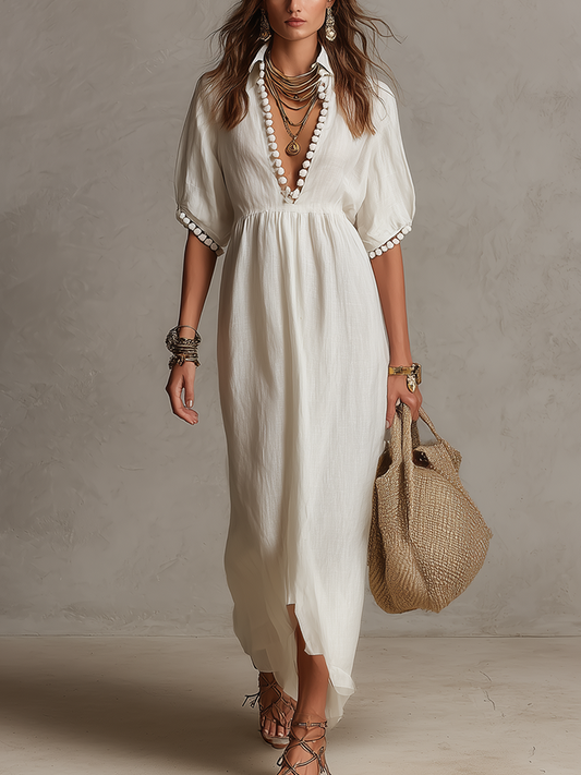 Bohemian Style White Tassel Ball Detail Long Dress
