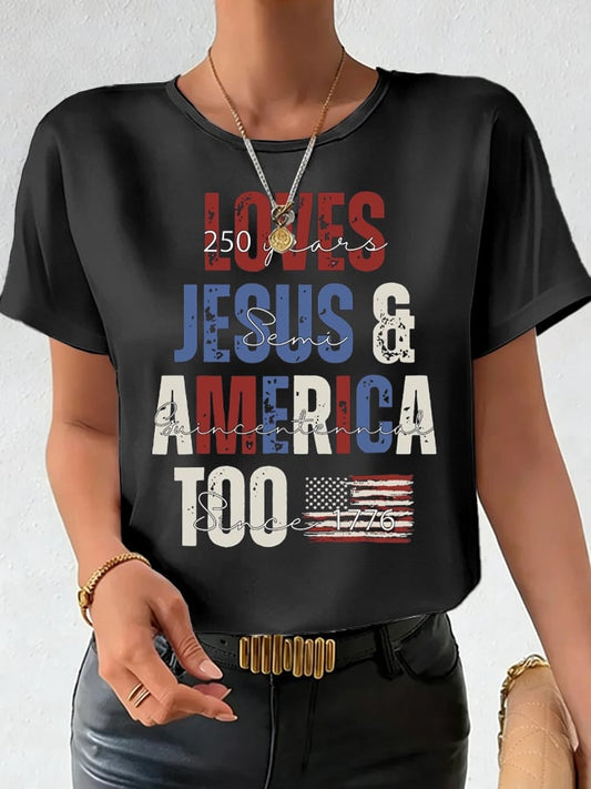 Women's Loves Jesus and America Too Print Casual T-Shirt