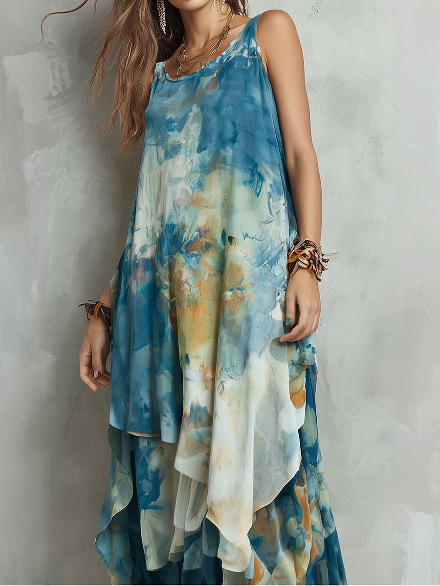 Artistic Abstract Tie-Dye Sleeveless Double-Layer Maxi Dress