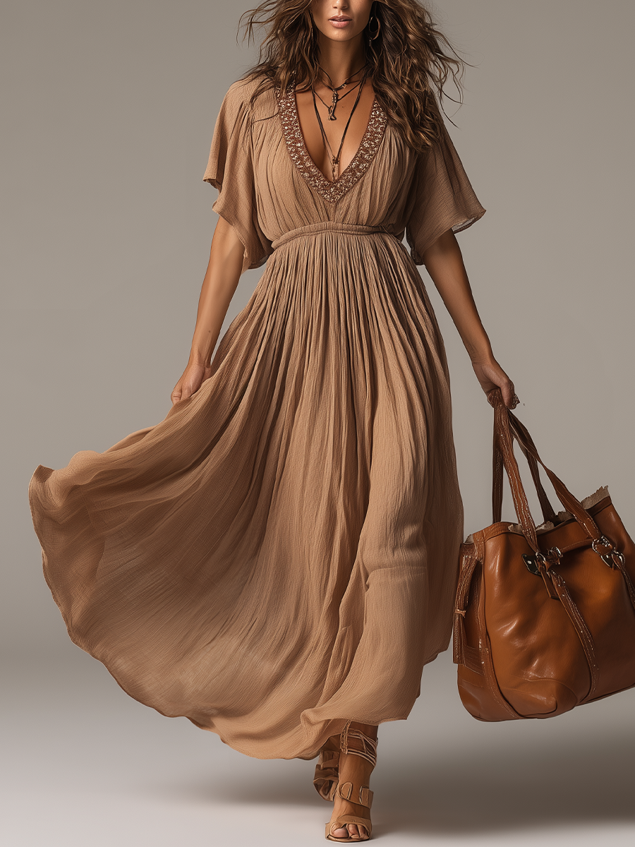 Elegant Beaded V-Neck Flowing Maxi Dress