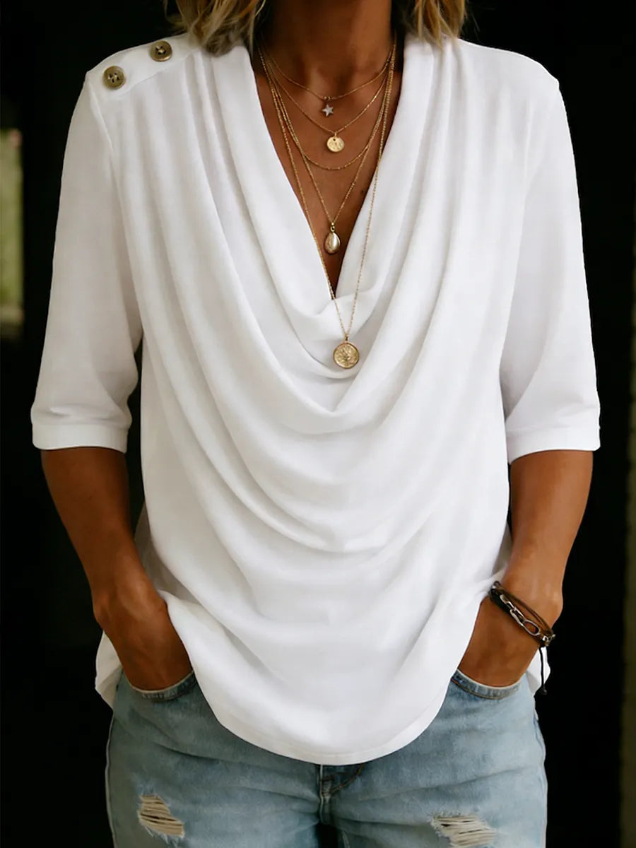 Elegant Cowl-neck Half-sleeve Cotton T-shirt
