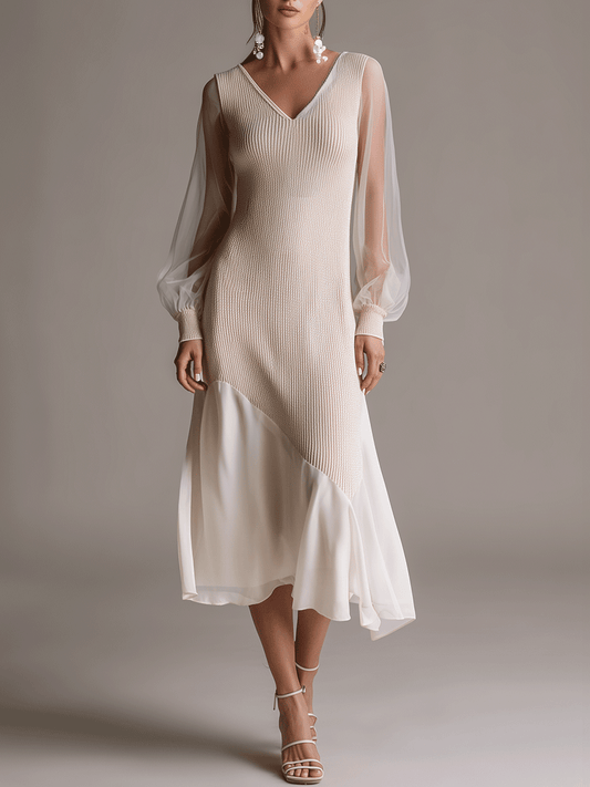 Elegant Minimalist Long-Sleeve V-Neck Midi Dress