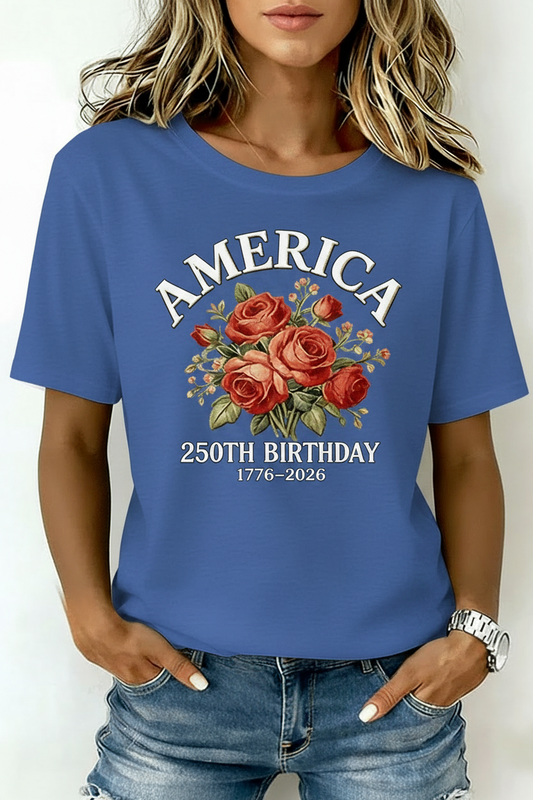America 250th Birthday Rose Graphic Cotton T-Shirt
