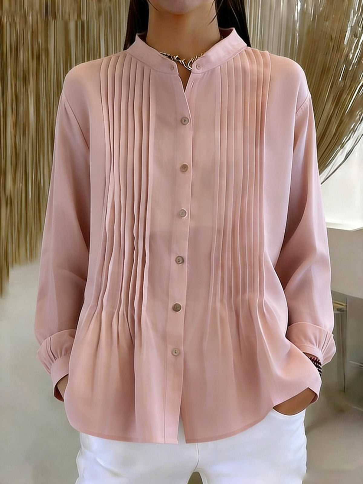 Women's casual retro pleated solid color shirt