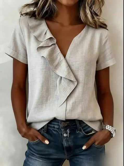 Women's Casual  Short-Sleeve Cotton-Linen Top