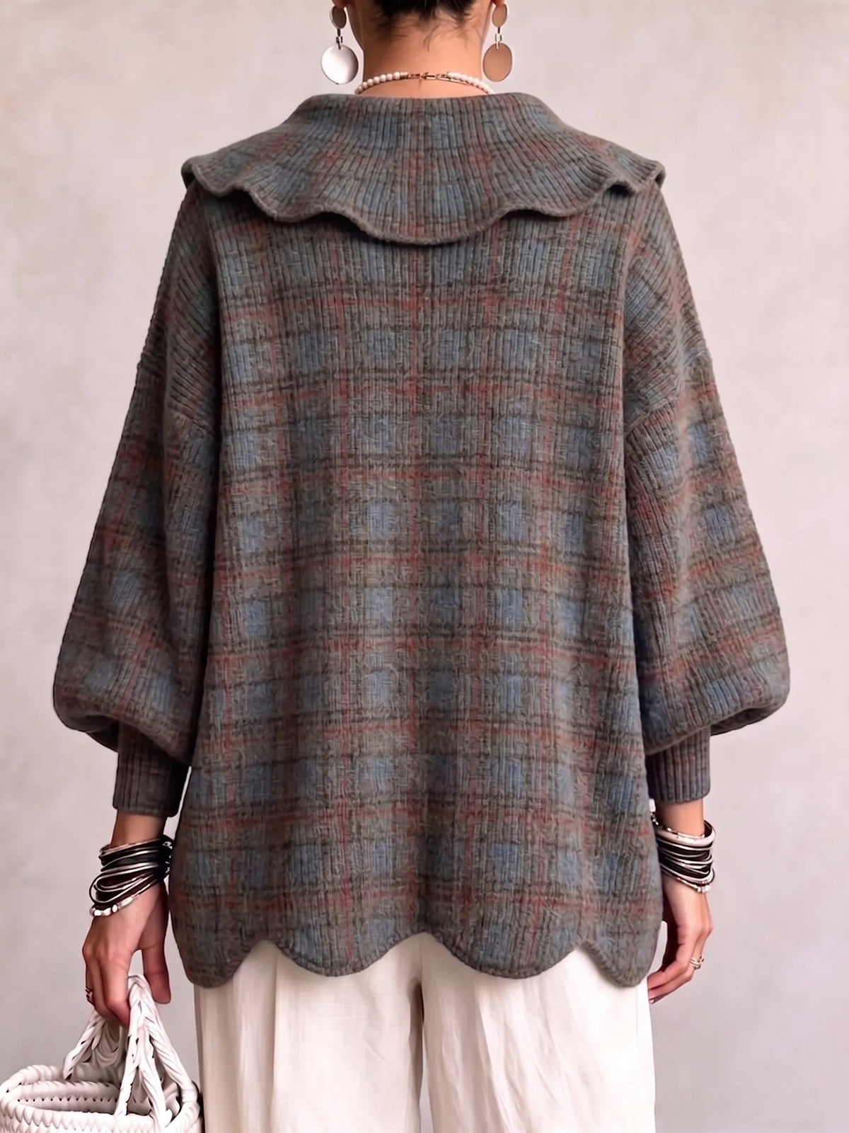 Vintage-Inspired Plaid Scalloped Knit Cardigan