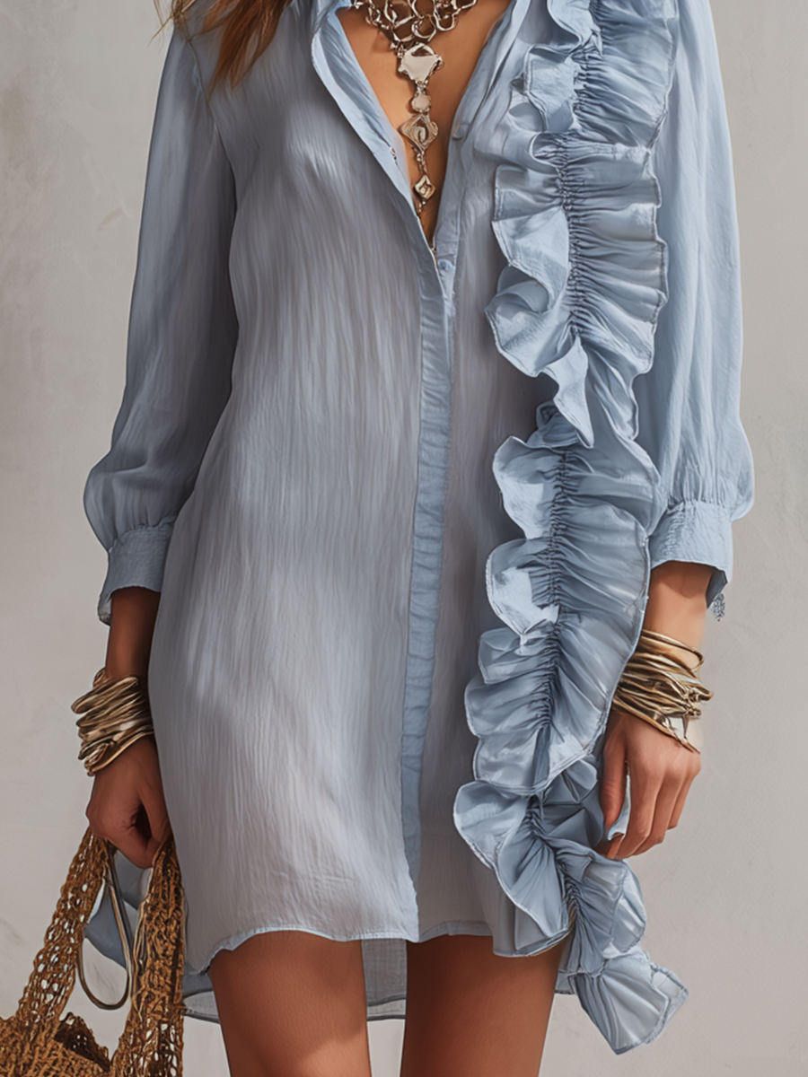 Bohemian Sky Blue Ruffled Shirt Dress