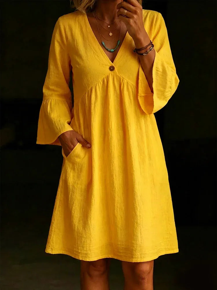 Ladies' Casual Daily Cotton And Linen V-Neck Patchwork Long Sleeved Jumpsuit Half Skirt