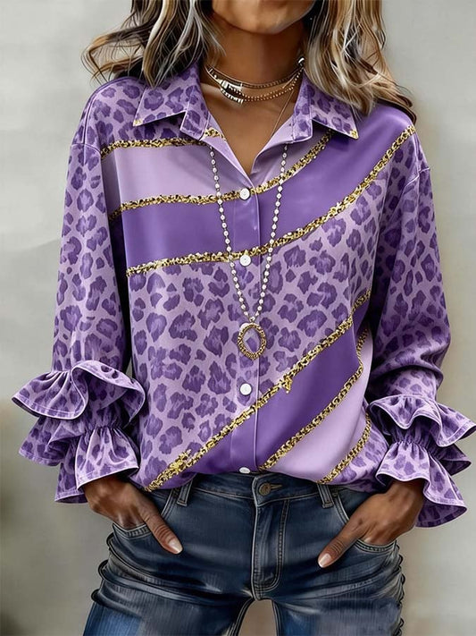 Women'S Casual Printed Shirt With Ruffle Sleeves
