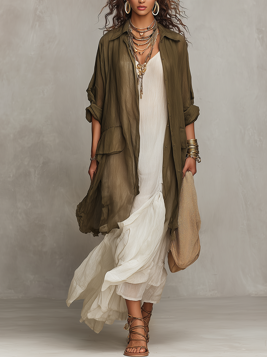 Bohemian Style Layered Linen Shirt Dress Set