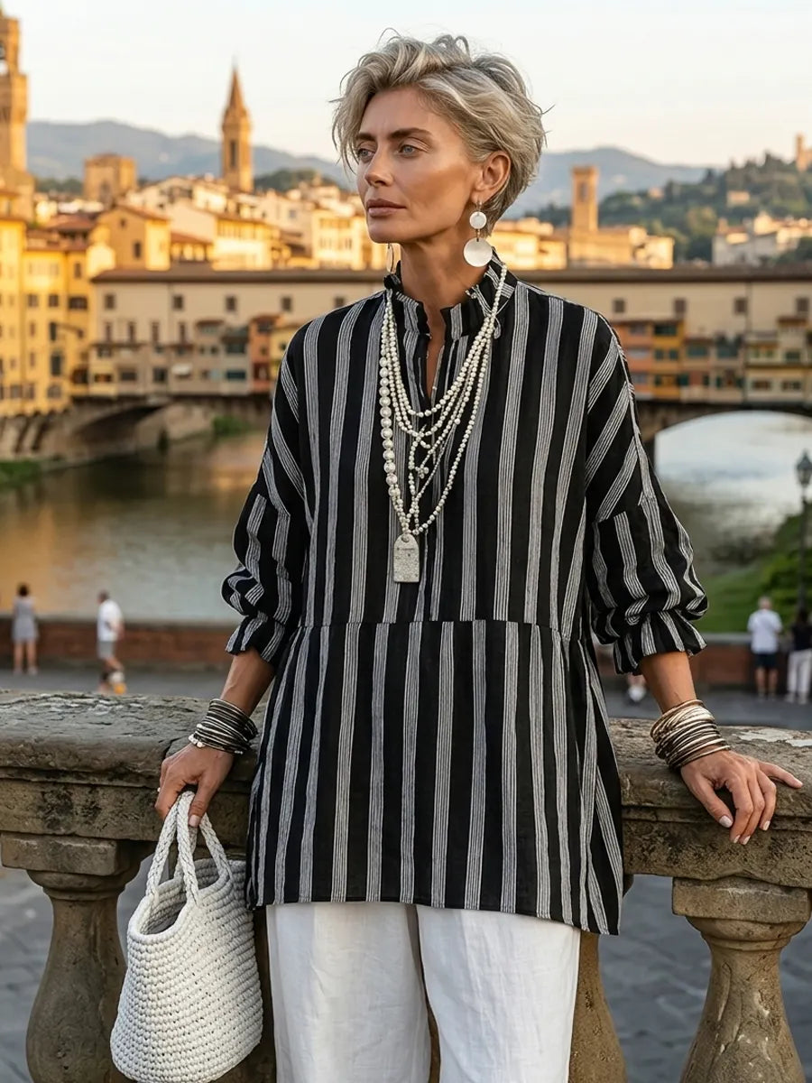 Women's Vintage Casual Linen Blend Vertical Stripes Mandarin Collar, and Lantern Sleeves Loose Blouse