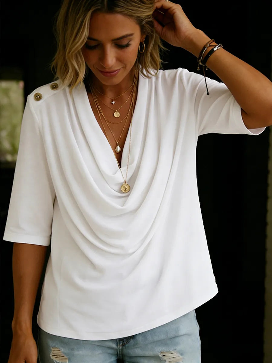 Elegant Cowl-neck Half-sleeve Cotton T-shirt