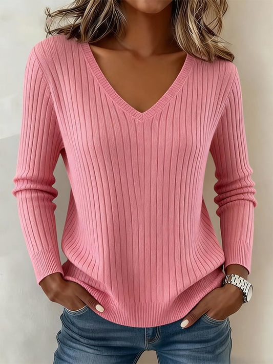 Women'S Long-Sleeved V-Neck Ribbed Sweater