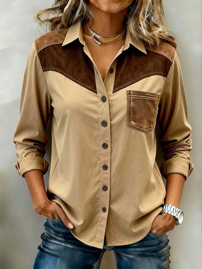 Women'S Casual Color-Blocked Patchwork Shirt
