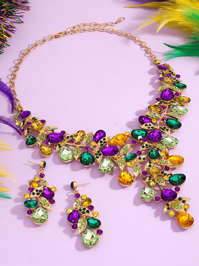 Mardi Gras Carnival Necklace And Earrings Set With Three-Color Rhinestones, Party Jewelry Set.