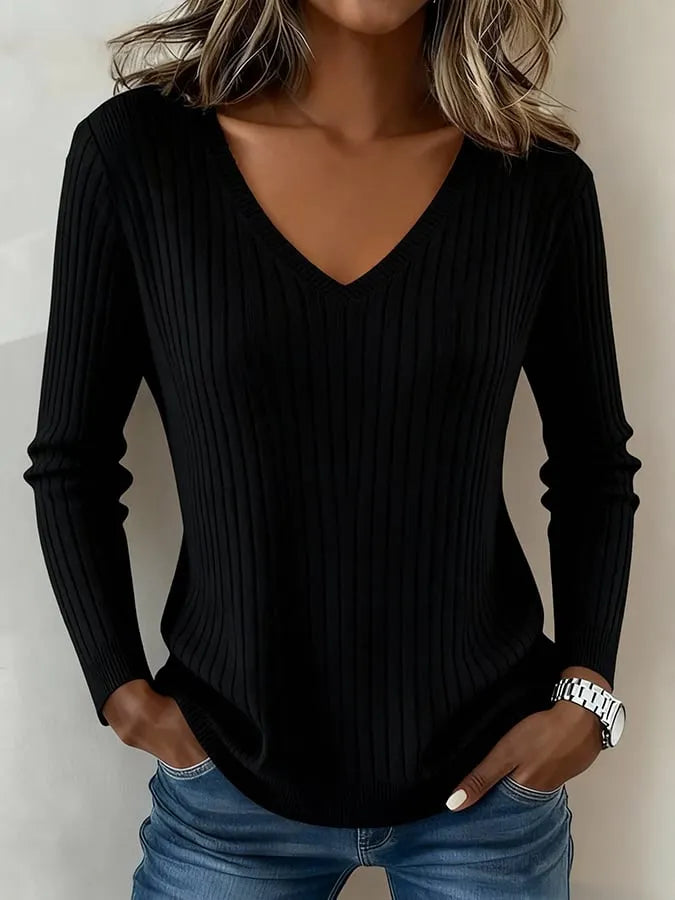 Women'S Long-Sleeved V-Neck Ribbed Sweater