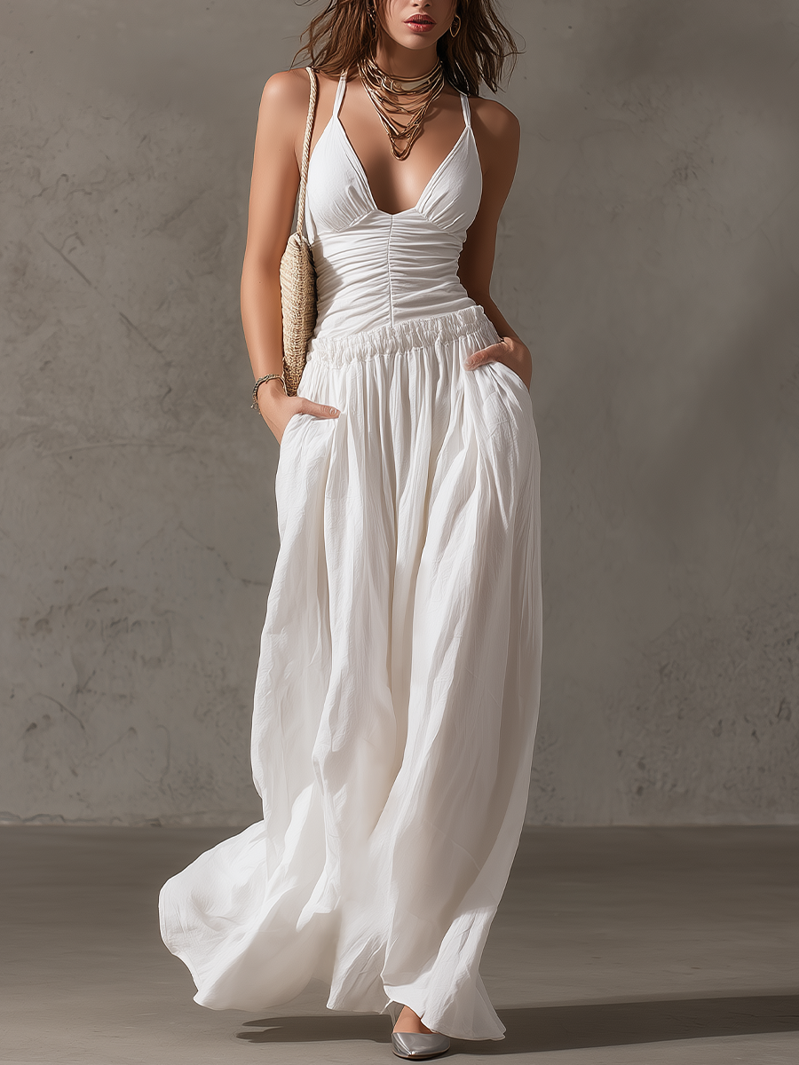 Minimalist Halter Ruched Cami & Wide-Leg Maxi Skirt Two-Piece Set