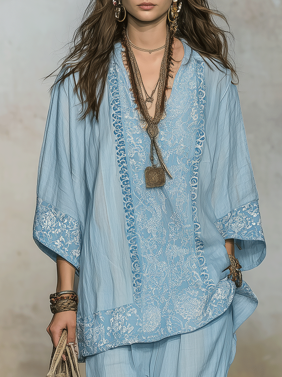 Effortless Boho Chic Embroidered Top & Wide-Leg Pants Set