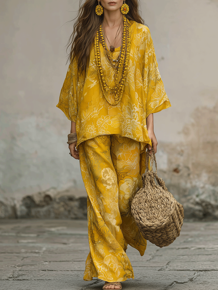 Golden Boho Floral Relaxed Top & Wide-Leg Pants Set