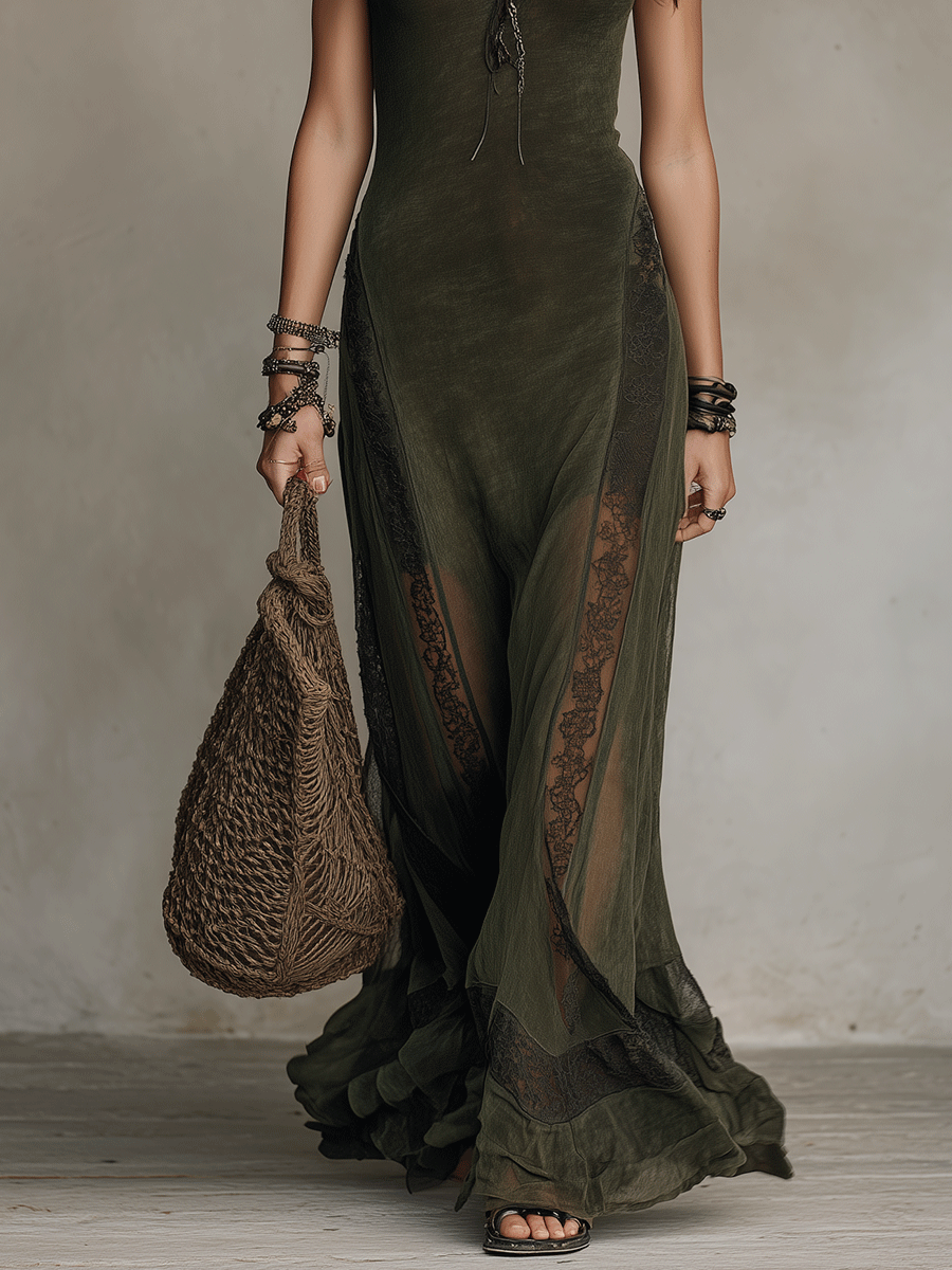 Bohemian Elegance Mystic Olive Sheer Lace-Panel Maxi Dress