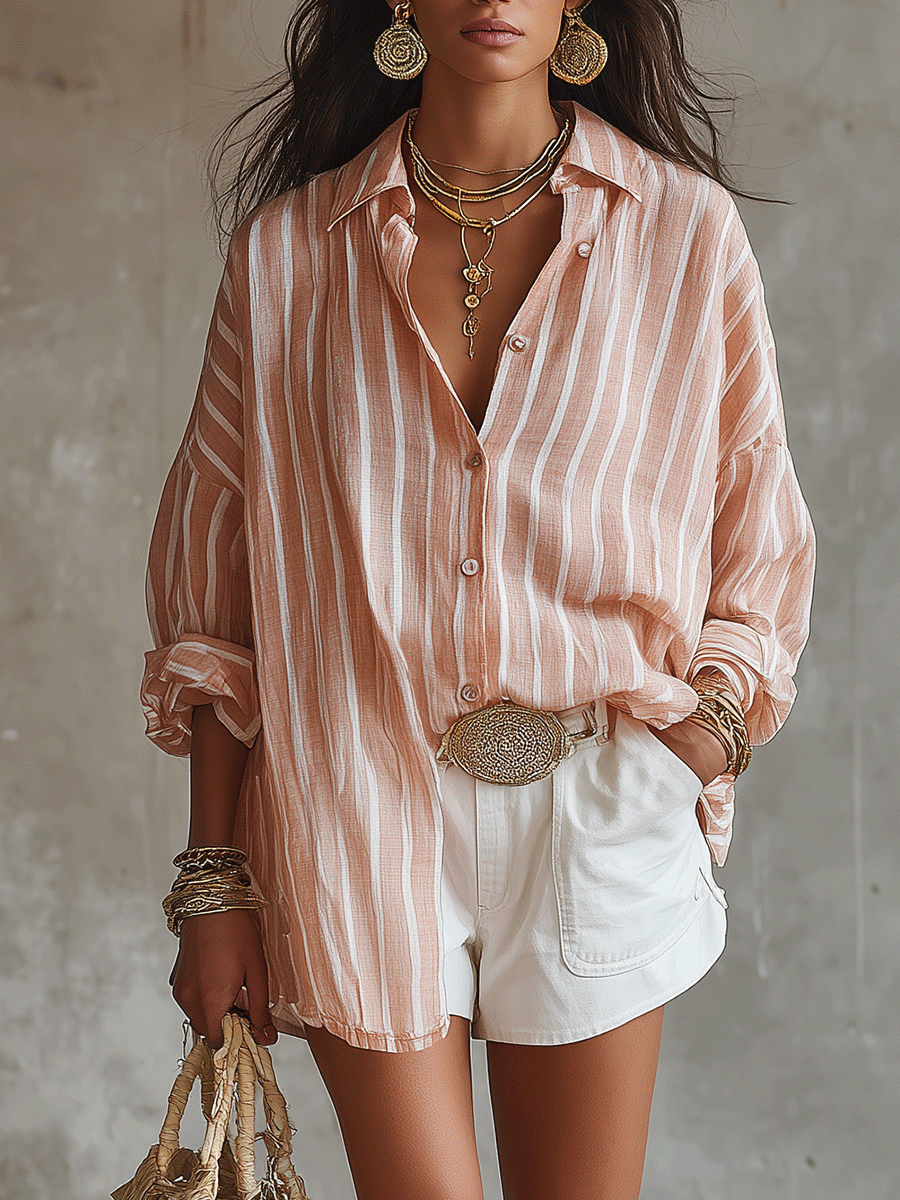 Relaxed Peach Striped Boho Button-Down Blouse And Short Set