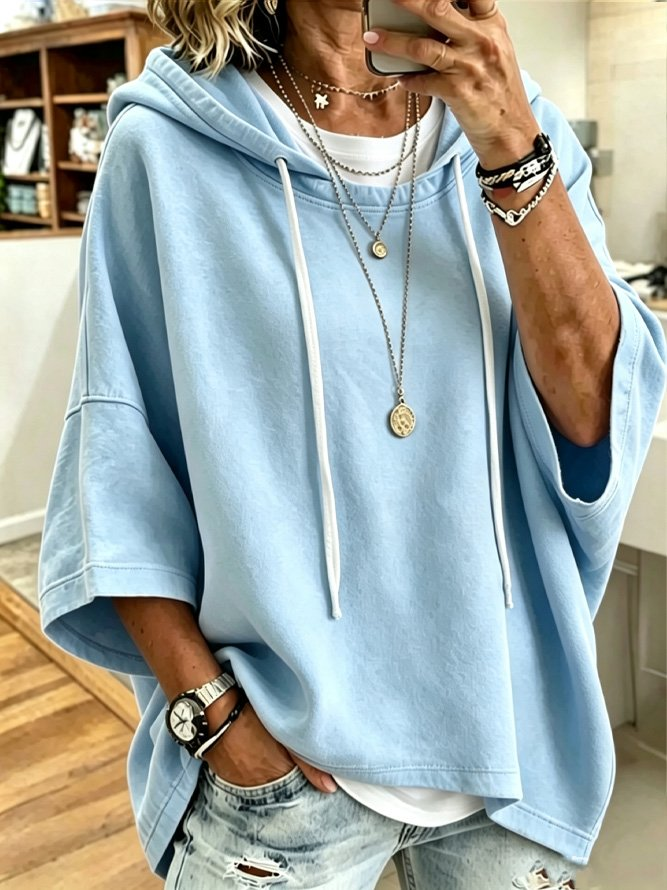 Women's Solid Oversized Hoodie Short Sleeve Sweatshirt