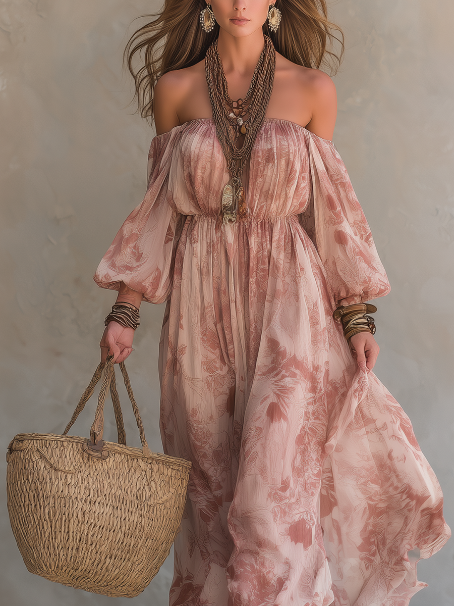Blush Pink Bohemian Lantern Sleeve Long Dress