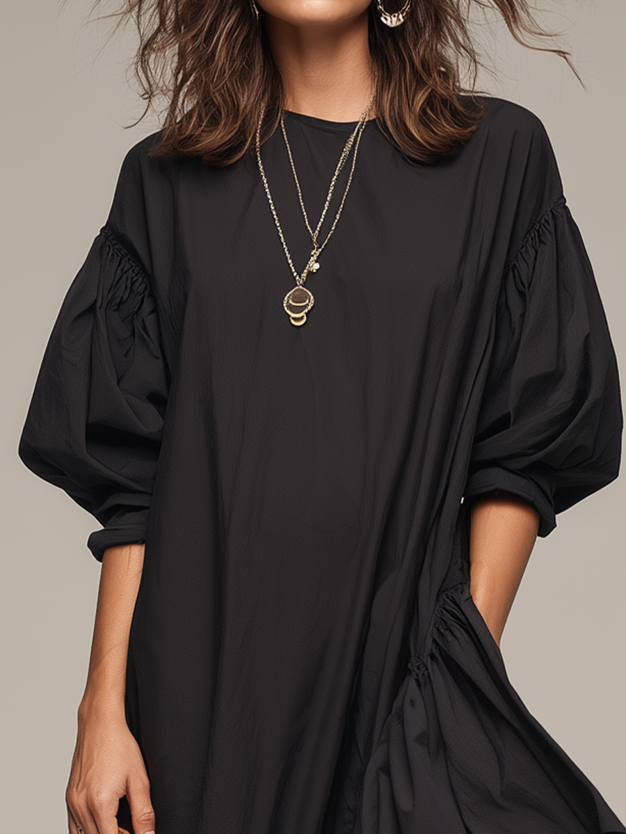 Dramatic Black Puff-Sleeve Asymmetrical Ruffle Maxi Dress