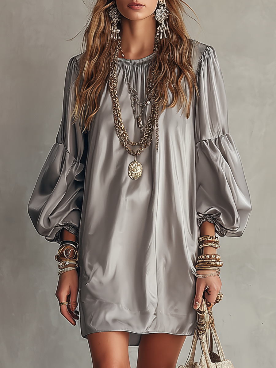 Bohemian Style Silver Grey Puff Sleeve Dress