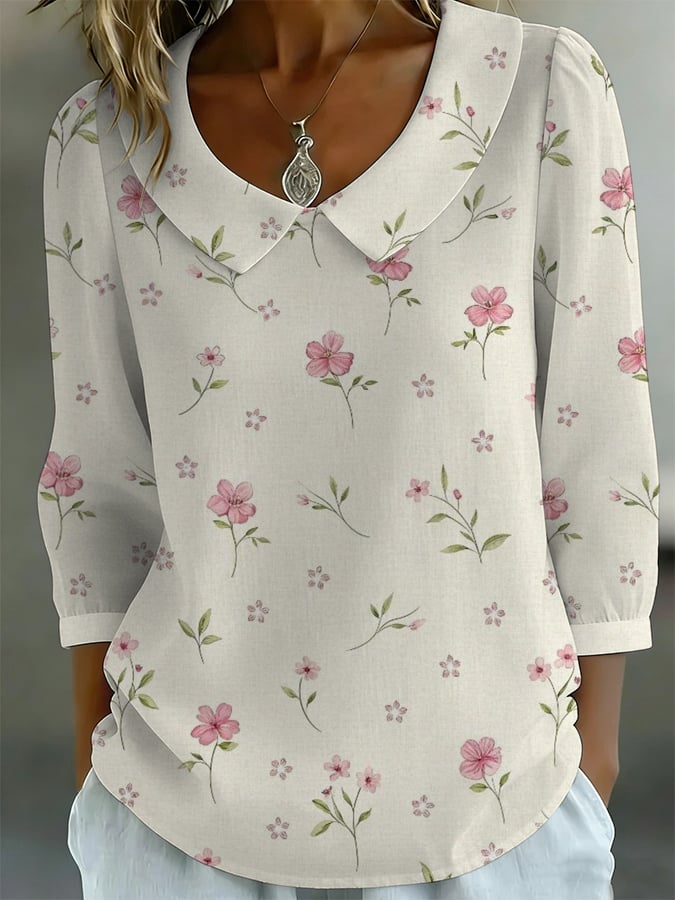 Women's Vintage Floral Peter Pan Collar Cotton Shirt